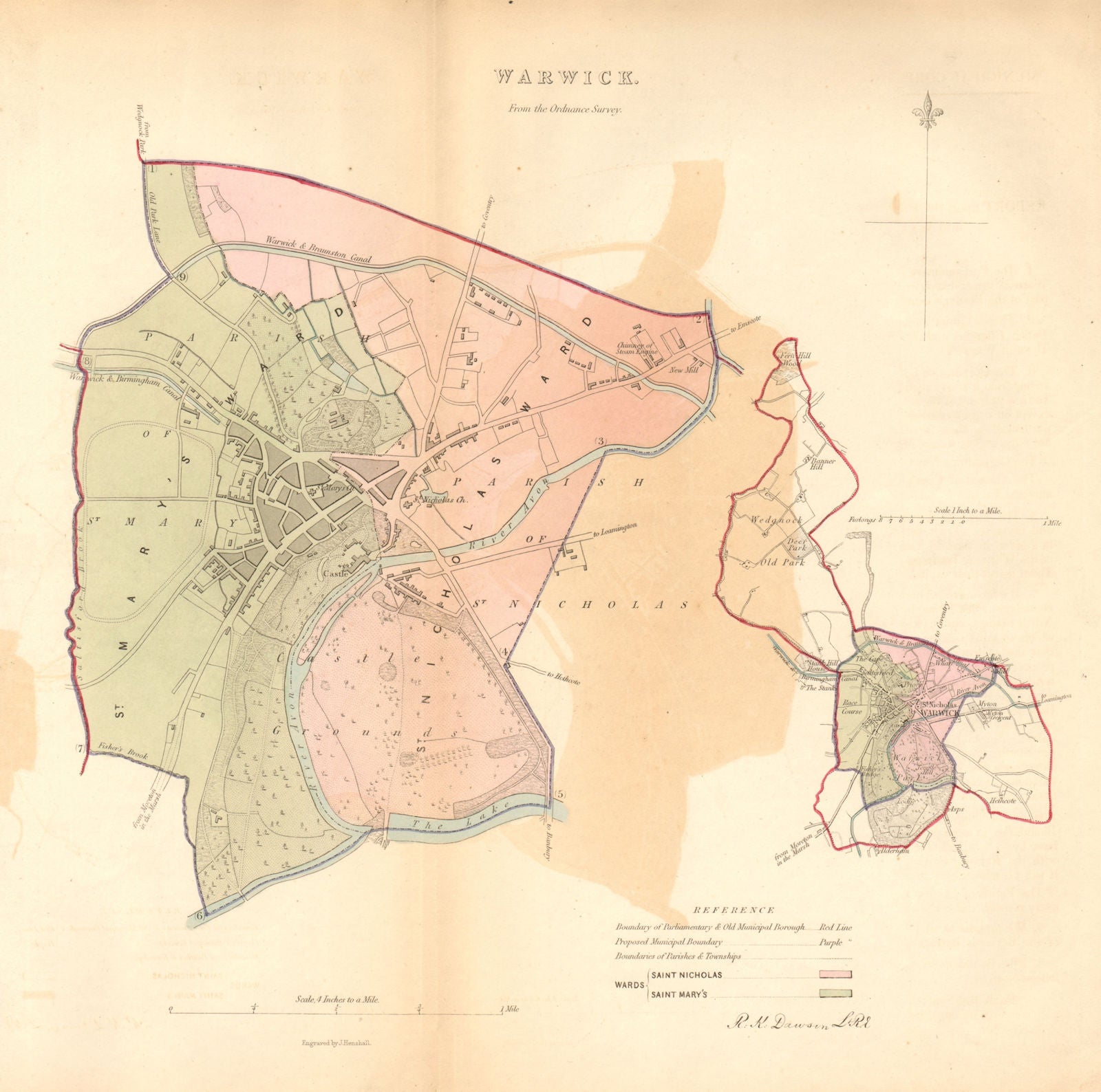 WARWICK borough/town/city plan. BOUNDARY COMMISSION Warwickshire DAWSON 1837 map